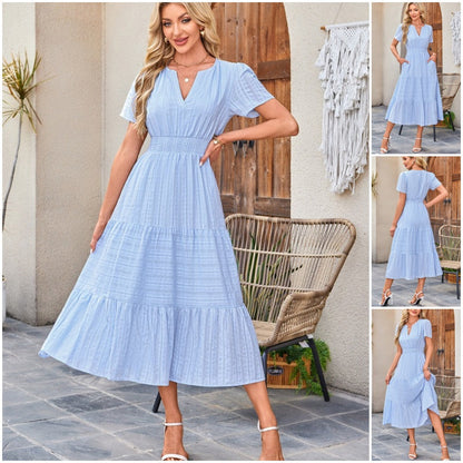 ⏳Limited-time 50% off⏰Women's Lightweight Short Sleeve V Neck Elastic Waist Dress💜👗