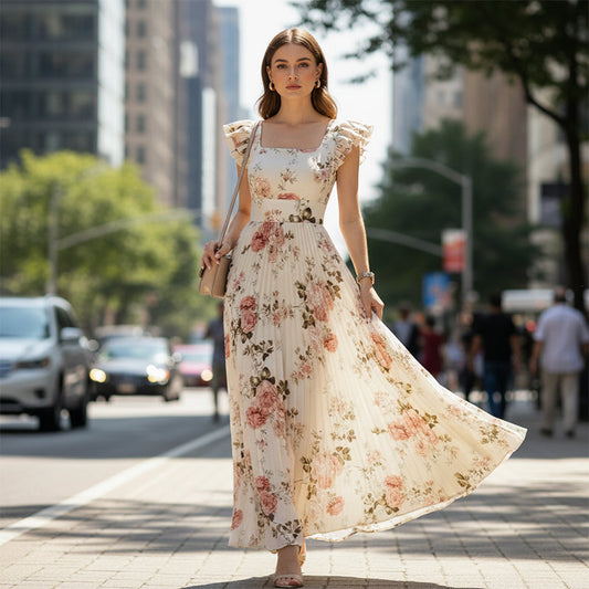 ⏳Limited-time 50% off⏰Floral Pleated Maxi Dress – Elegant Square Neck & Ruffle Sleeves🌸👗