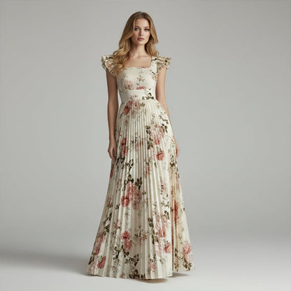 ⏳Limited-time 50% off⏰Floral Pleated Maxi Dress – Elegant Square Neck & Ruffle Sleeves🌸👗