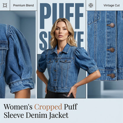 ⏳Limited-time 50% off⏰Women's Puff Short Sleeve Cropped Denim Jacket🧥
