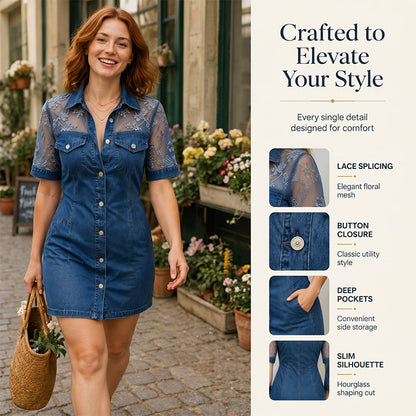 ⏳Limited-time 50% off⏰Women's Fashion Sheer Lace Denim Mini Dress👑👗
