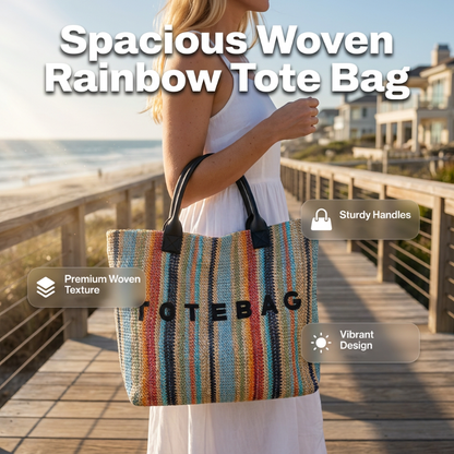 ⏳Limited-time 50% off⏰Women’s Rainbow Striped Woven Tote Bag👜