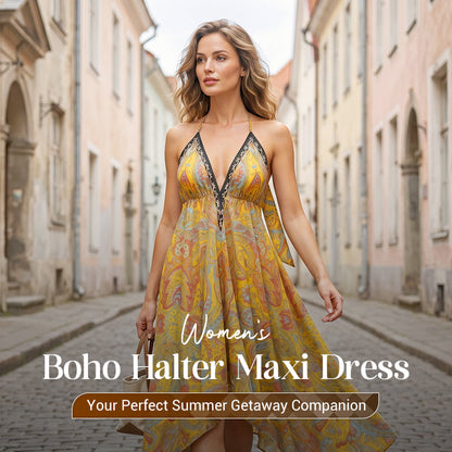 ⏳Limited-time 50% off⏰Women's Boho Deep V Halter Maxi Dress👗🌺