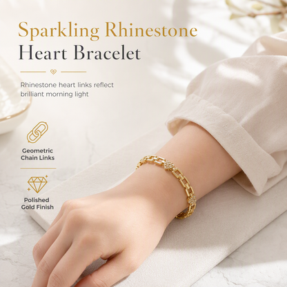✨ 50% OFF! ✨ Gold Rhinestone Heart & Square Hollow Chain Bracelet – Hand-Set Rhinestone Hearts, Polished Gold Clasp & Lightweight Geometric Links – Parisian Elegance for Every Outfit 💛