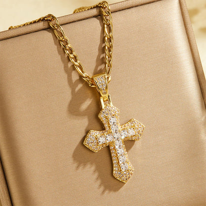 ⏳Limited-time 50% off⏰Hip Hop Double Layer Baguette Rhinestone Cross Brass with Figaro Chain✝️💎📿